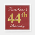 [ Thumbnail: Elegant Red, Faux Gold 44th Birthday + Custom Name Napkins ]
