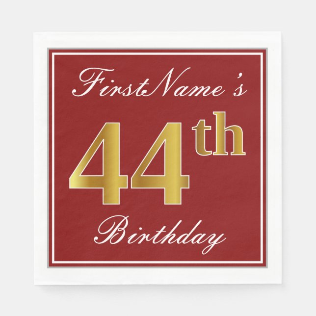 Elegant Red, Faux Gold 44th Birthday + Custom Name Napkins (Front)