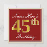 [ Thumbnail: Elegant, Red, Faux Gold 45th Birthday; Custom Name Invitation ]