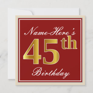 Elegant, Red, Faux Gold 45th Birthday; Custom Name Invitation