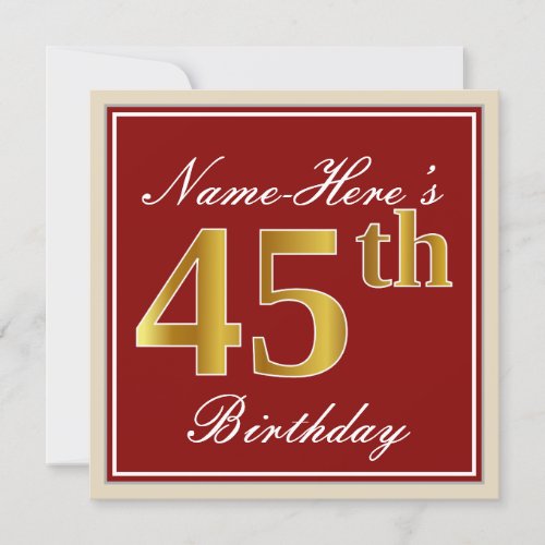 Elegant Red Faux Gold 45th Birthday Custom Name Invitation