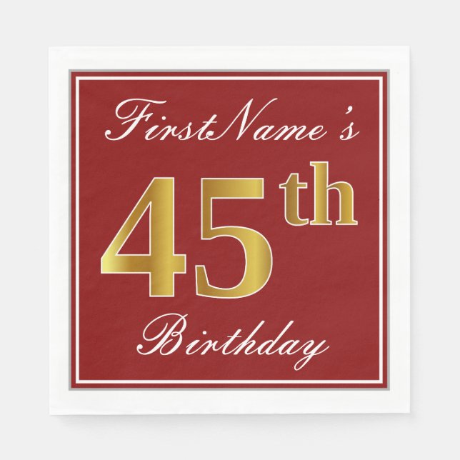 Elegant Red, Faux Gold 45th Birthday + Custom Name Napkins (Front)
