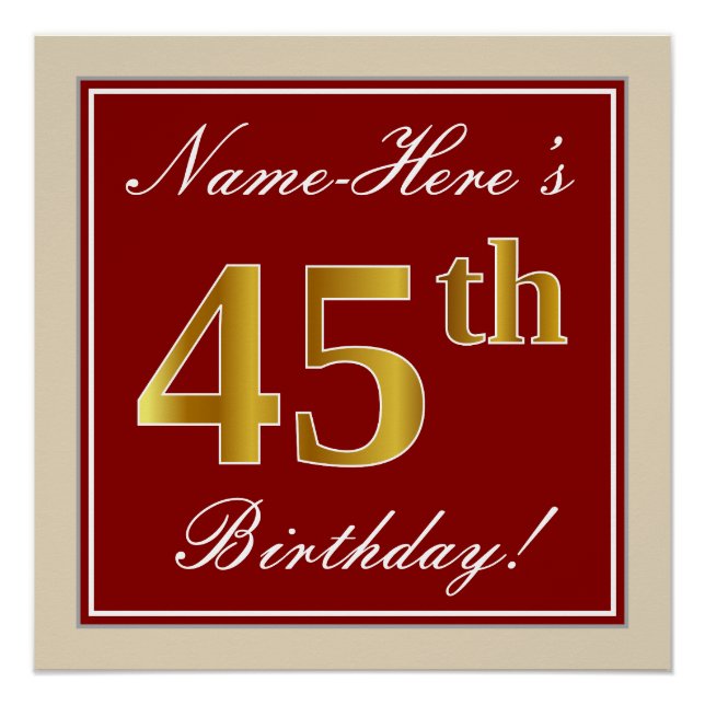 Elegant, Red, Faux Gold 45th Birthday; Custom Name Poster (Front)