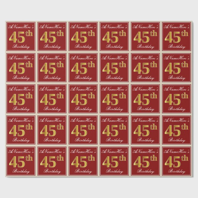 Elegant, Red, Faux Gold 45th Birthday; Custom Name Wrapping Paper (Flat)