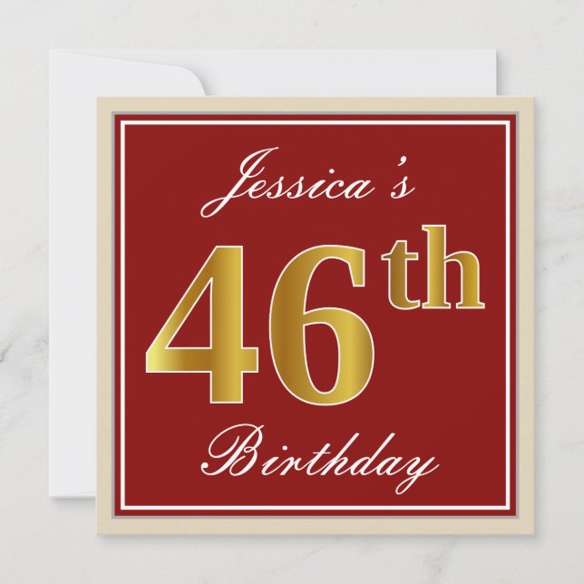Elegant, Red, Faux Gold 46th Birthday; Custom Name Invitation (Front)