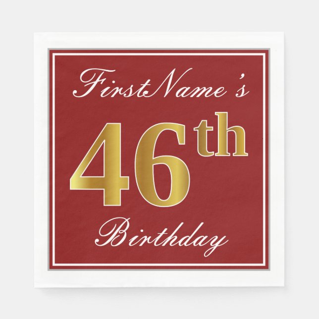 Elegant Red, Faux Gold 46th Birthday + Custom Name Napkins (Front)