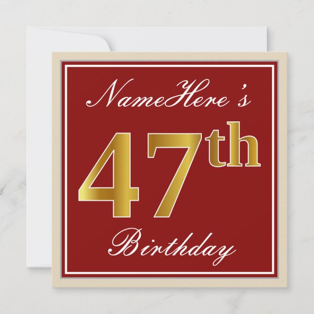 Elegant, Red, Faux Gold 47th Birthday; Custom Name Invitation (Front)