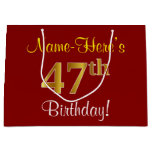 [ Thumbnail: Elegant, Red, Faux Gold 47th Birthday; Custom Name Gift Bag ]