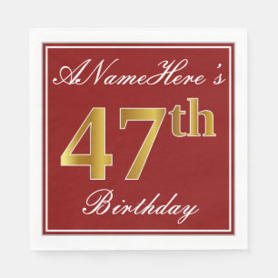 Elegant Red, Faux Gold 47th Birthday + Custom Name Napkins