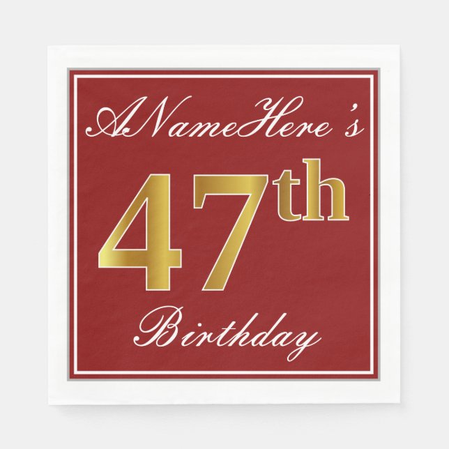 Elegant Red, Faux Gold 47th Birthday + Custom Name Napkins (Front)