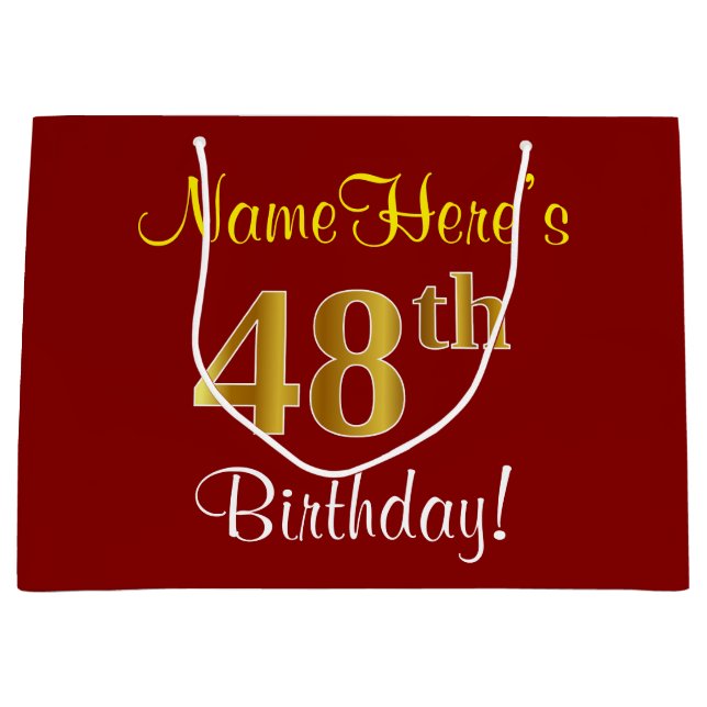 Elegant, Red, Faux Gold 48th Birthday; Custom Name Large Gift Bag (Front)