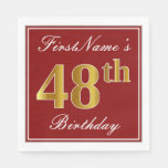 [ Thumbnail: Elegant Red, Faux Gold 48th Birthday + Custom Name Napkins ]