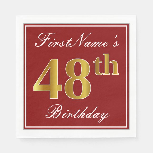 Elegant Red, Faux Gold 48th Birthday + Custom Name Napkins (Front)