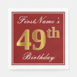 [ Thumbnail: Elegant Red, Faux Gold 49th Birthday + Custom Name Napkins ]