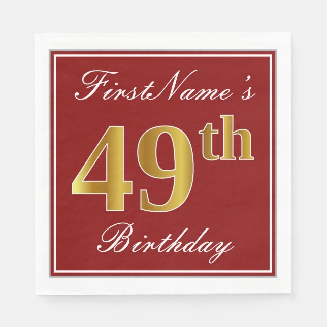 Elegant Red, Faux Gold 49th Birthday + Custom Name Napkins (Front)
