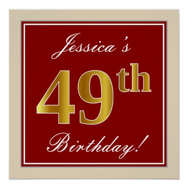 Elegant, Red, Faux Gold 49th Birthday; Custom Name Poster (Front)