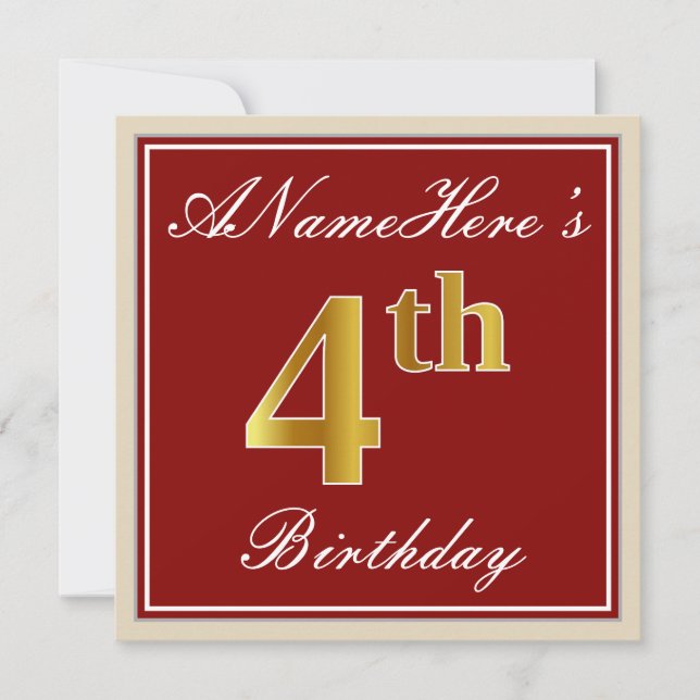 Elegant, Red, Faux Gold 4th Birthday + Custom Name Invitation (Front)