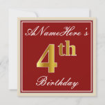 [ Thumbnail: Elegant, Red, Faux Gold 4th Birthday + Custom Name Invitation ]