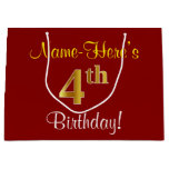[ Thumbnail: Elegant, Red, Faux Gold 4th Birthday + Custom Name Gift Bag ]