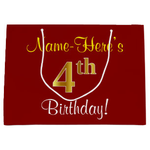 Elegant, Red, Faux Gold 4th Birthday + Custom Name Large Gift Bag
