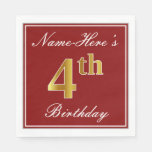[ Thumbnail: Elegant Red, Faux Gold 4th Birthday + Custom Name Paper Napkin ]