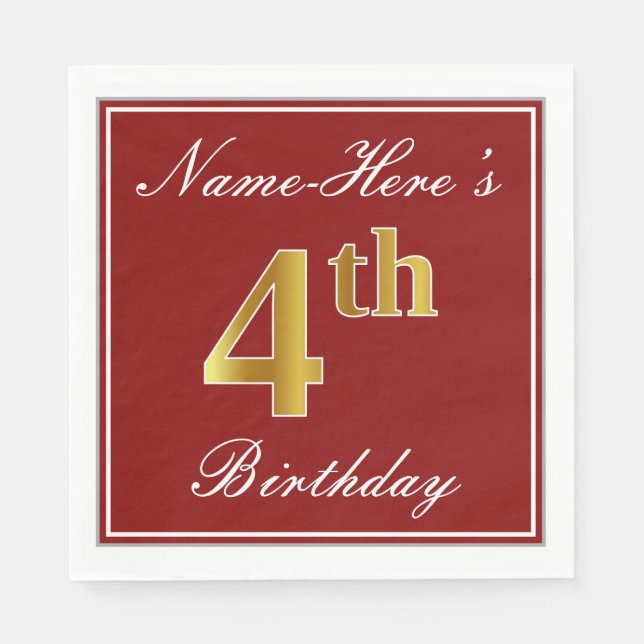 Elegant Red, Faux Gold 4th Birthday + Custom Name Paper Napkins (Front)