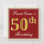 [ Thumbnail: Elegant, Red, Faux Gold 50th Birthday; Custom Name Invitation ]