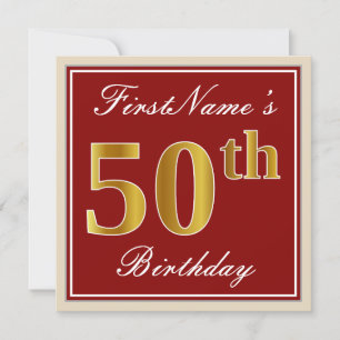 Elegant, Red, Faux Gold 50th Birthday; Custom Name Invitation