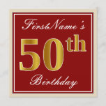 [ Thumbnail: Elegant, Red, Faux Gold 50th Birthday; Custom Name Invitation ]