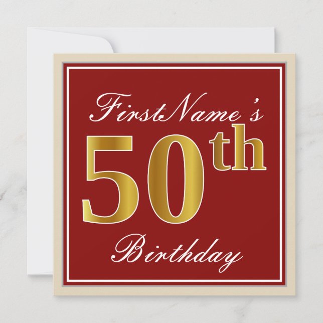 Elegant, Red, Faux Gold 50th Birthday; Custom Name Invitation (Front)