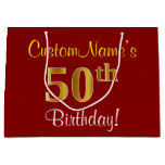 [ Thumbnail: Elegant, Red, Faux Gold 50th Birthday; Custom Name Gift Bag ]