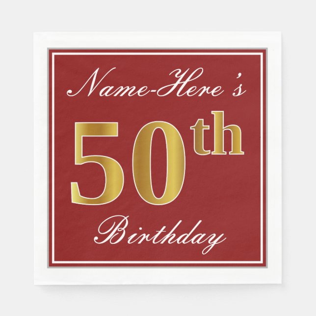 Elegant Red, Faux Gold 50th Birthday + Custom Name Paper Napkins (Front)