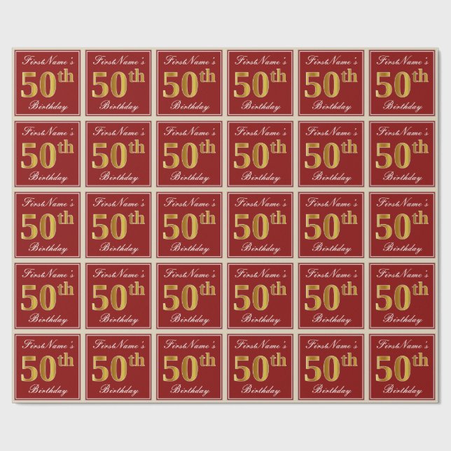 Elegant, Red, Faux Gold 50th Birthday; Custom Name Wrapping Paper (Flat)