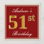 [ Thumbnail: Elegant, Red, Faux Gold 51st Birthday; Custom Name Invitation ]