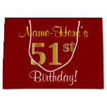 [ Thumbnail: Elegant, Red, Faux Gold 51st Birthday; Custom Name Gift Bag ]