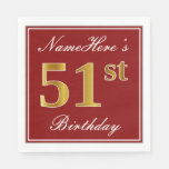 [ Thumbnail: Elegant Red, Faux Gold 51st Birthday + Custom Name Napkins ]