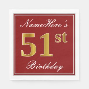 Elegant Red, Faux Gold 51st Birthday + Custom Name Napkins