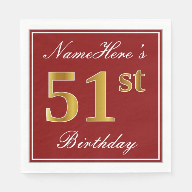 Elegant Red, Faux Gold 51st Birthday + Custom Name Napkins (Front)