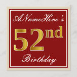 [ Thumbnail: Elegant, Red, Faux Gold 52nd Birthday; Custom Name Invitation ]