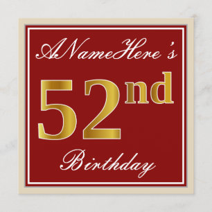Elegant, Red, Faux Gold 52nd Birthday; Custom Name Invitation