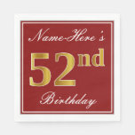 [ Thumbnail: Elegant Red, Faux Gold 52nd Birthday + Custom Name Napkins ]