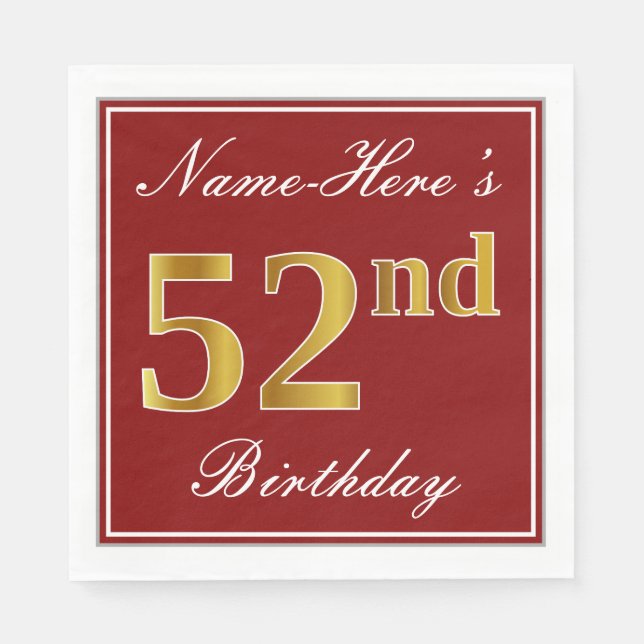 Elegant Red, Faux Gold 52nd Birthday + Custom Name Napkins (Front)