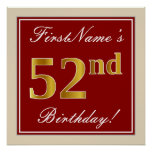 [ Thumbnail: Elegant, Red, Faux Gold 52nd Birthday; Custom Name Poster ]