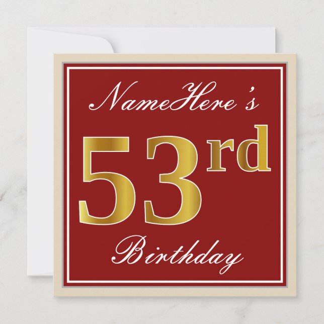 Elegant, Red, Faux Gold 53rd Birthday; Custom Name Invitation (Front)