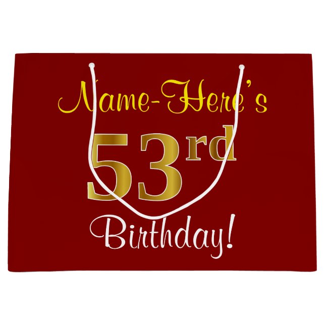 Elegant, Red, Faux Gold 53rd Birthday; Custom Name Large Gift Bag (Front)