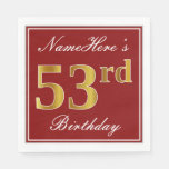 [ Thumbnail: Elegant Red, Faux Gold 53rd Birthday + Custom Name Napkins ]