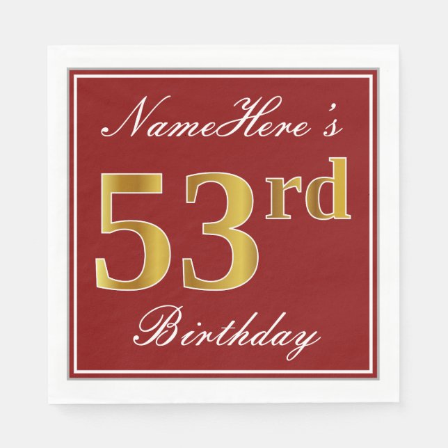 Elegant Red, Faux Gold 53rd Birthday + Custom Name Napkins (Front)