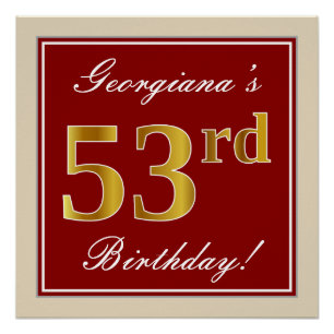 Elegant, Red, Faux Gold 53rd Birthday; Custom Name Poster