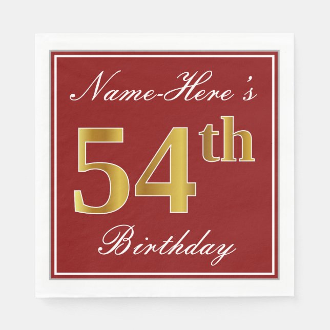 Elegant Red, Faux Gold 54th Birthday + Custom Name Napkins (Front)
