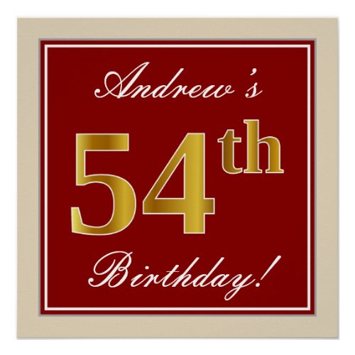 Elegant Red Faux Gold 54th Birthday Custom Name Poster